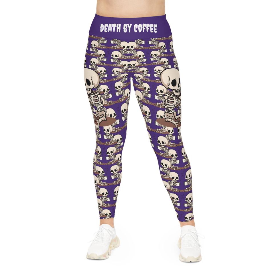 Skeleton Coffee Meeting Purple Leggings, Plus Size Skull Printed Pants