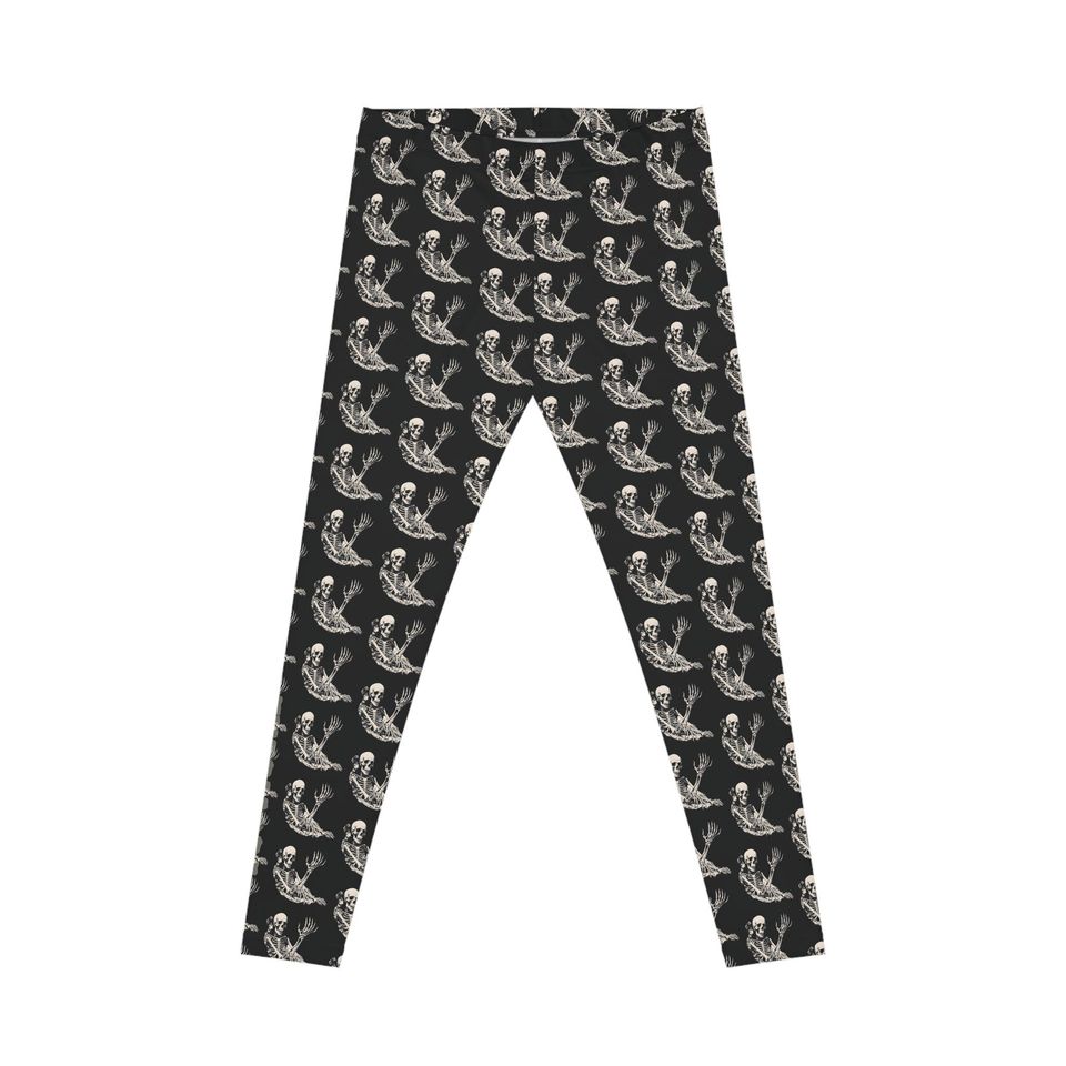 Waving Skeleton Leggings: Gothic Yoga Pants, Halloween Castle Print
