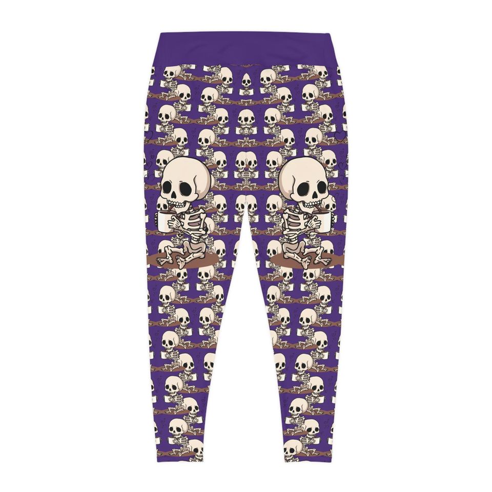 Skeleton Coffee Meeting Purple Leggings, Plus Size Skull Printed Pants