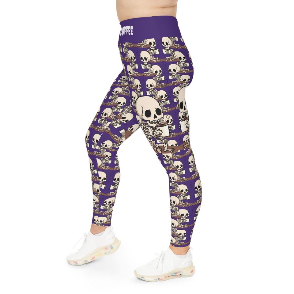Skeleton Coffee Meeting Purple Leggings, Plus Size Skull Printed Pants
