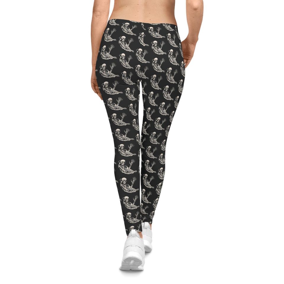 Waving Skeleton Leggings: Gothic Yoga Pants, Halloween Castle Print