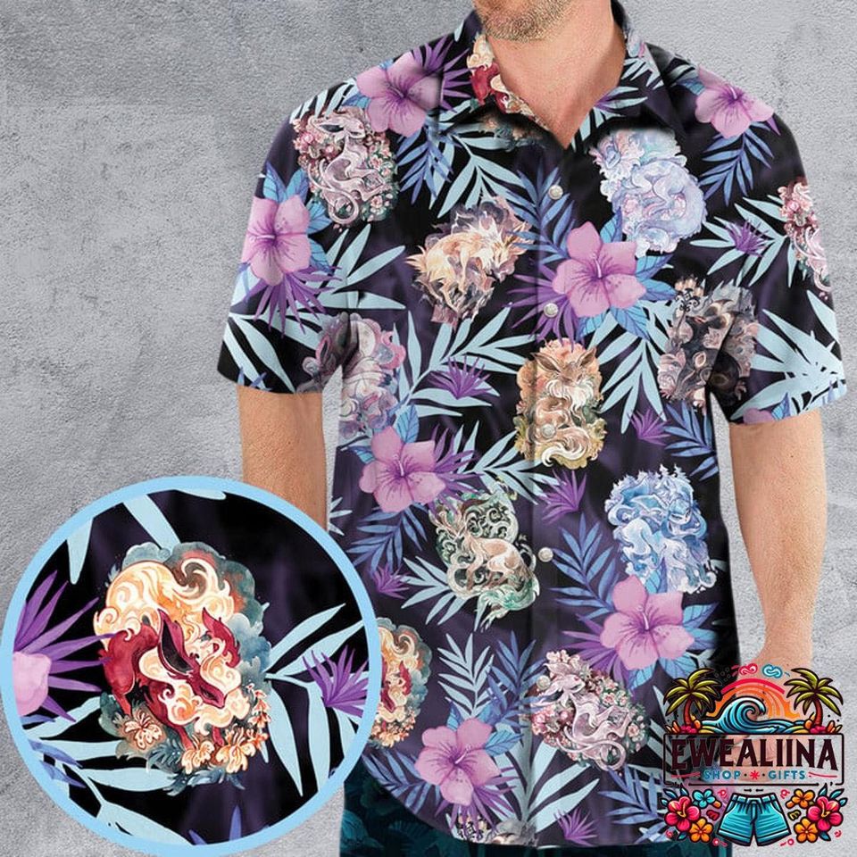 Eevee Evolutions PKM Hawaiian Shirt, PKM Button Up Shirt, Eevee PKM Hawaiian Shirt, PKM Summer Shirt, PKM Fan Gifts