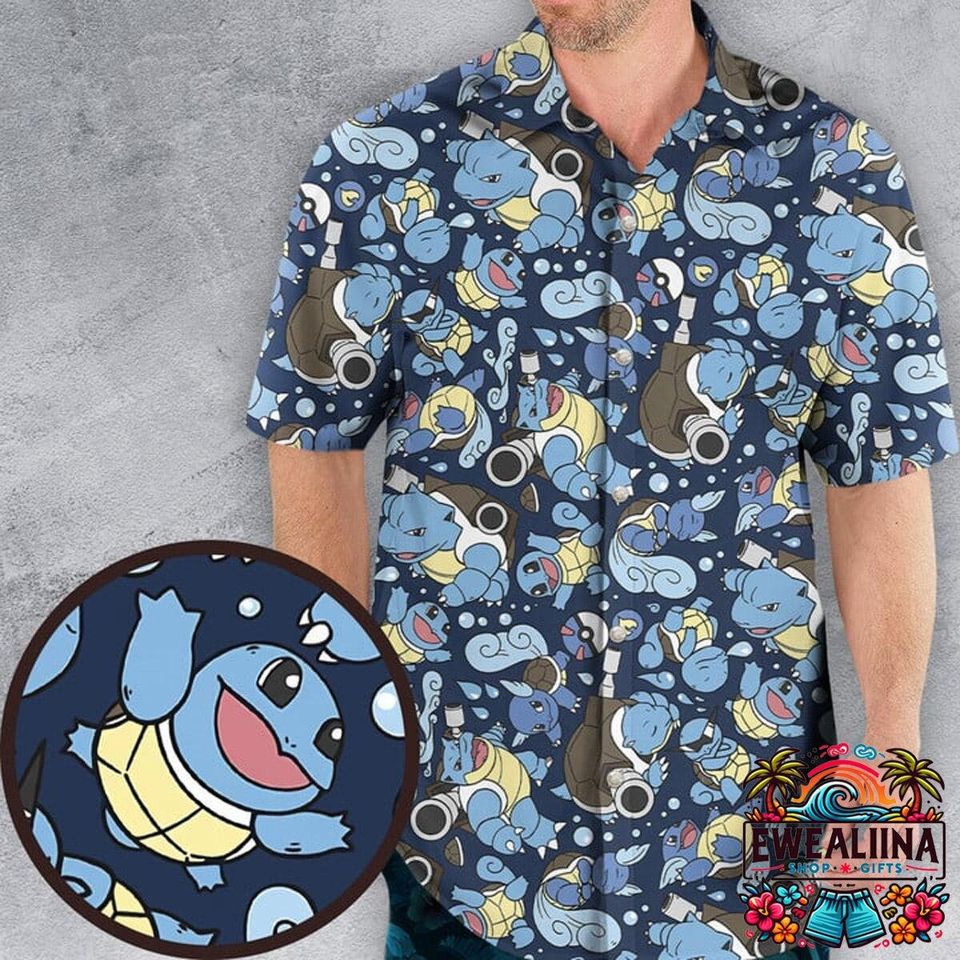 Blastoise Button Up Hawaiian Shirt, Summer Casual Tee, Beach Shirt, PKM Fan Gifts