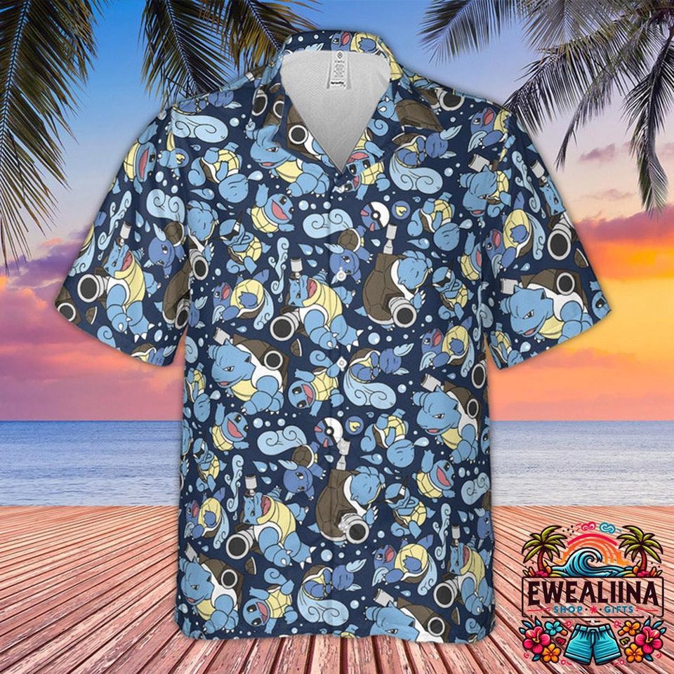 Blastoise Button Up Hawaiian Shirt, Summer Casual Tee, Beach Shirt, PKM Fan Gifts