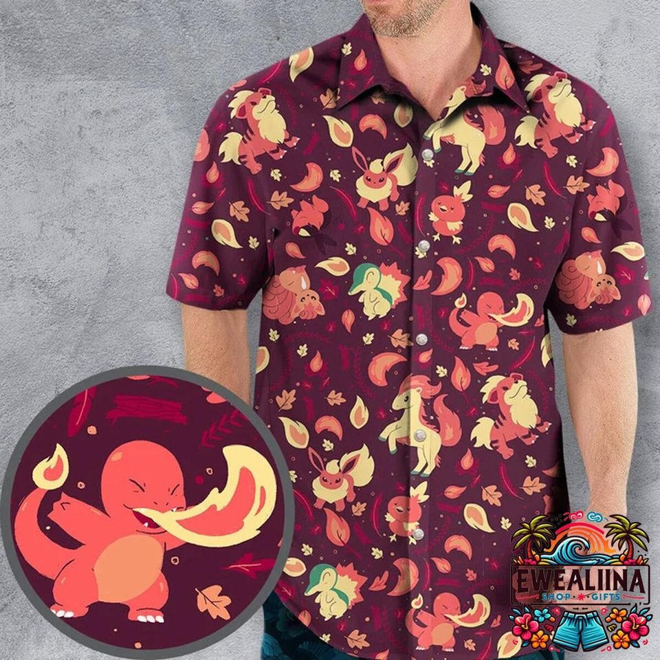 Fire Types PKM Hawaiian Shirt and Shorts Set - Summer Gift for Him