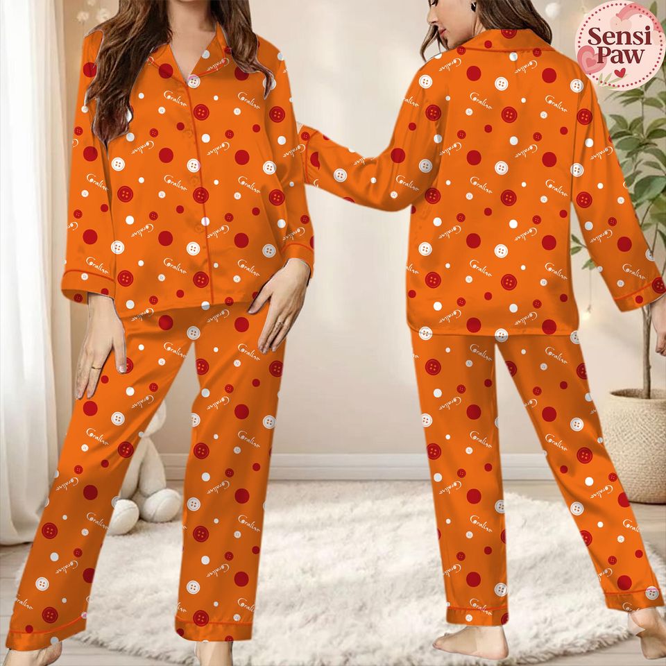 Coraline Button Pattern Pajama Set  Spooky Halloween Sleepwear  Cozy Lounge Set for Women, Creepy Cute PJs Gift