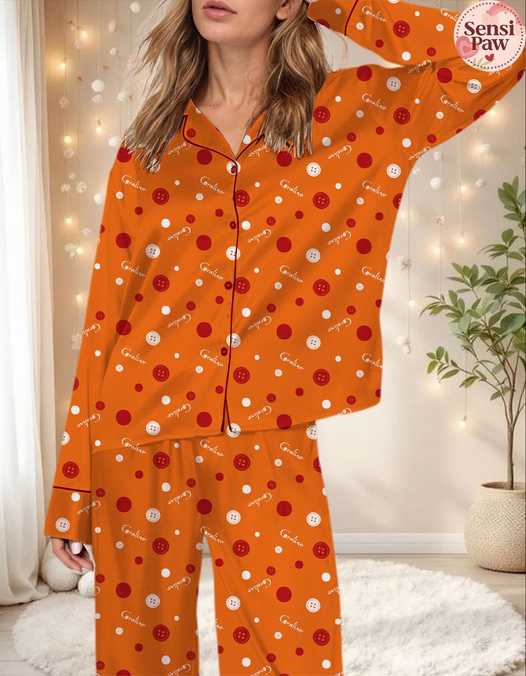 Coraline Button Pattern Pajama Set  Spooky Halloween Sleepwear  Cozy Lounge Set for Women, Creepy Cute PJs Gift