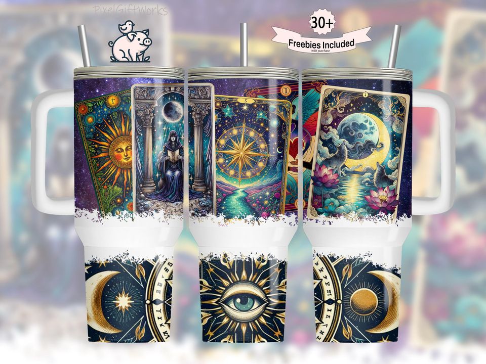 Witchy Tarot Cards 40oz Tumbler Wrap: Celestial Wolf Design