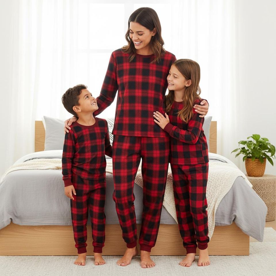 Plaid Family Pajamas, Red Long Sleeve PJs, Checkered Christmas Pajamas, Matching Pyjama Set, Xmas Gift For Family