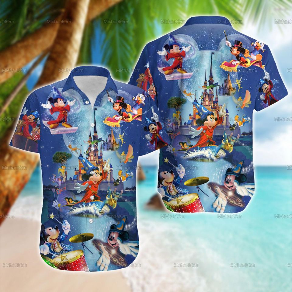 Disney Mickey Hawaiian Shirt for Men, Button-Down Mickey Magic Kingdoms Tee