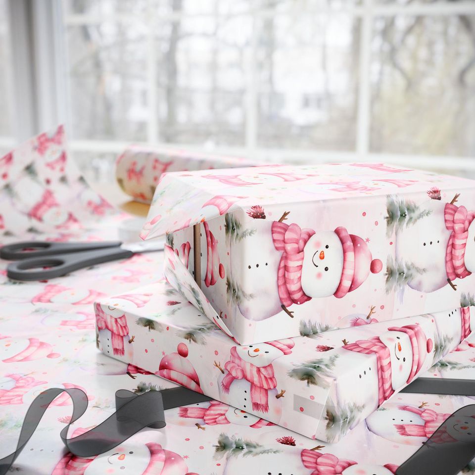 Pink Ornament and Berry Christmas Wrapping Paper Roll, Elegant Holiday Gift Wrap for Baby Shower, Winter Birthday or Feminine Festive Decor
