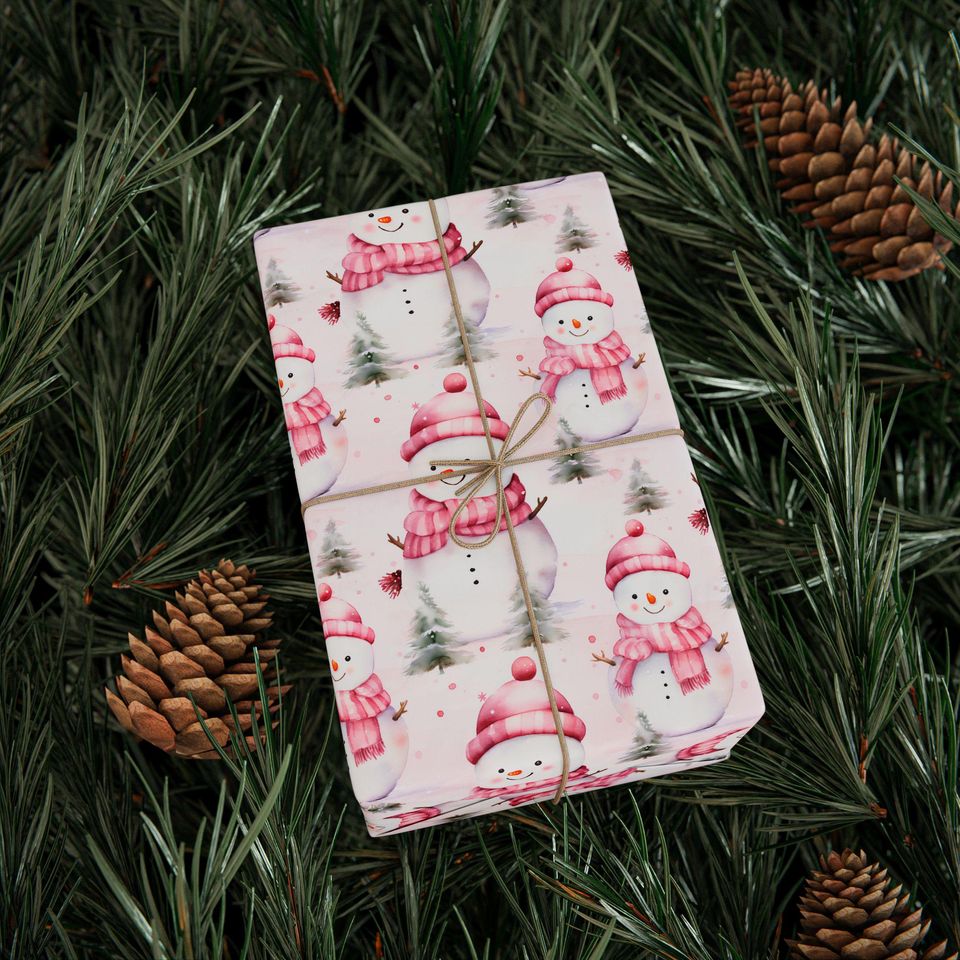 Pink Ornament and Berry Christmas Wrapping Paper Roll, Elegant Holiday Gift Wrap for Baby Shower, Winter Birthday or Feminine Festive Decor
