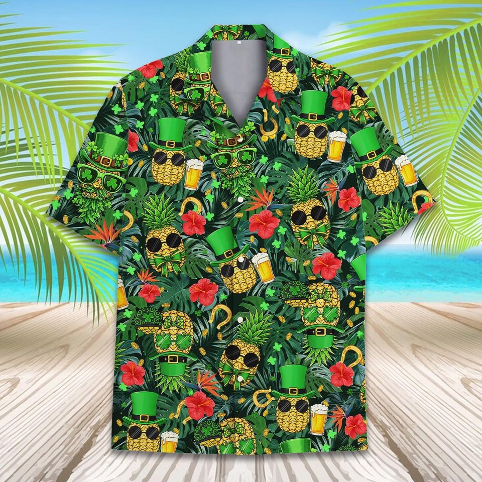 Funny Pineapple Hawaiian Shirt Unisex, St Patricks Day Shirt Button Up, Shamrock Beer Print Shirt, Green Lucky Shirt