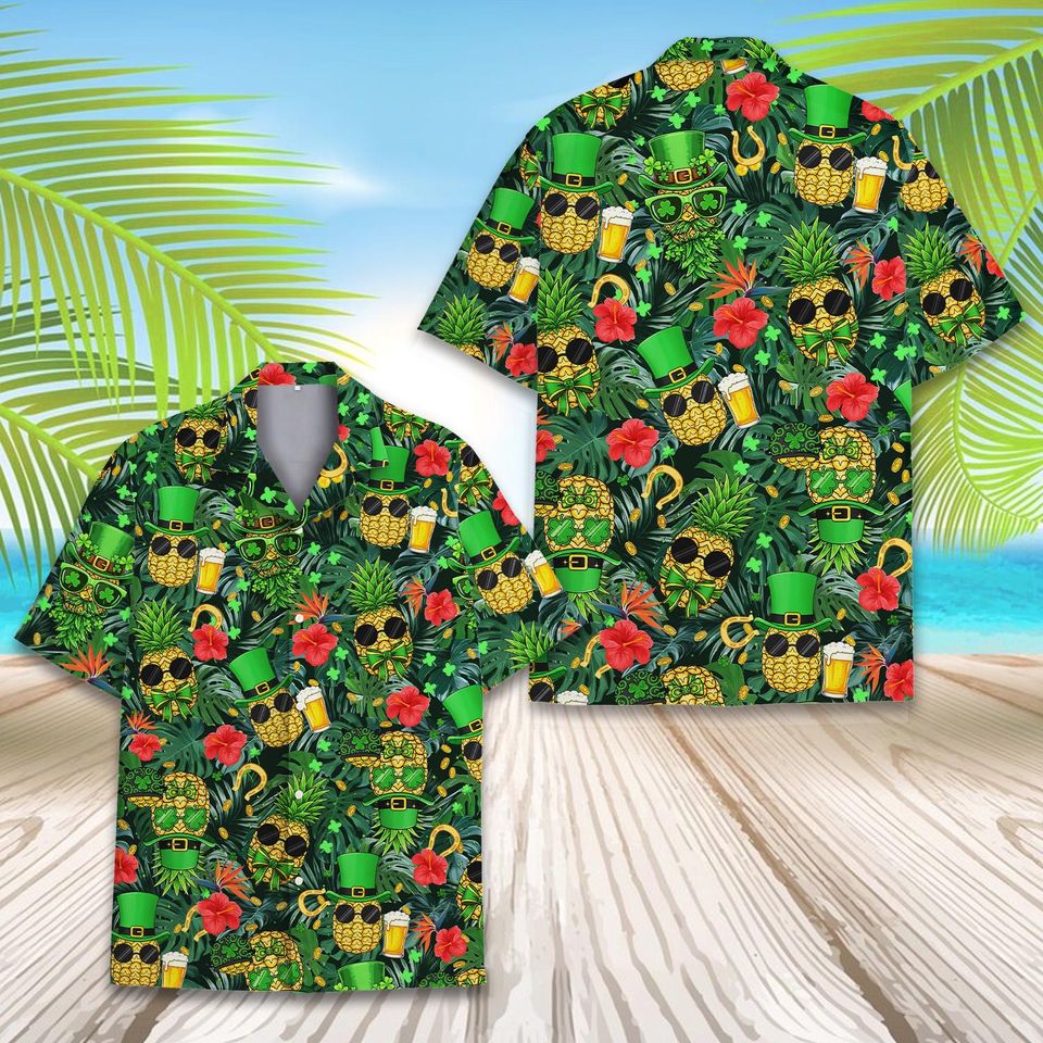 Funny Pineapple Hawaiian Shirt Unisex, St Patricks Day Shirt Button Up, Shamrock Beer Print Shirt, Green Lucky Shirt