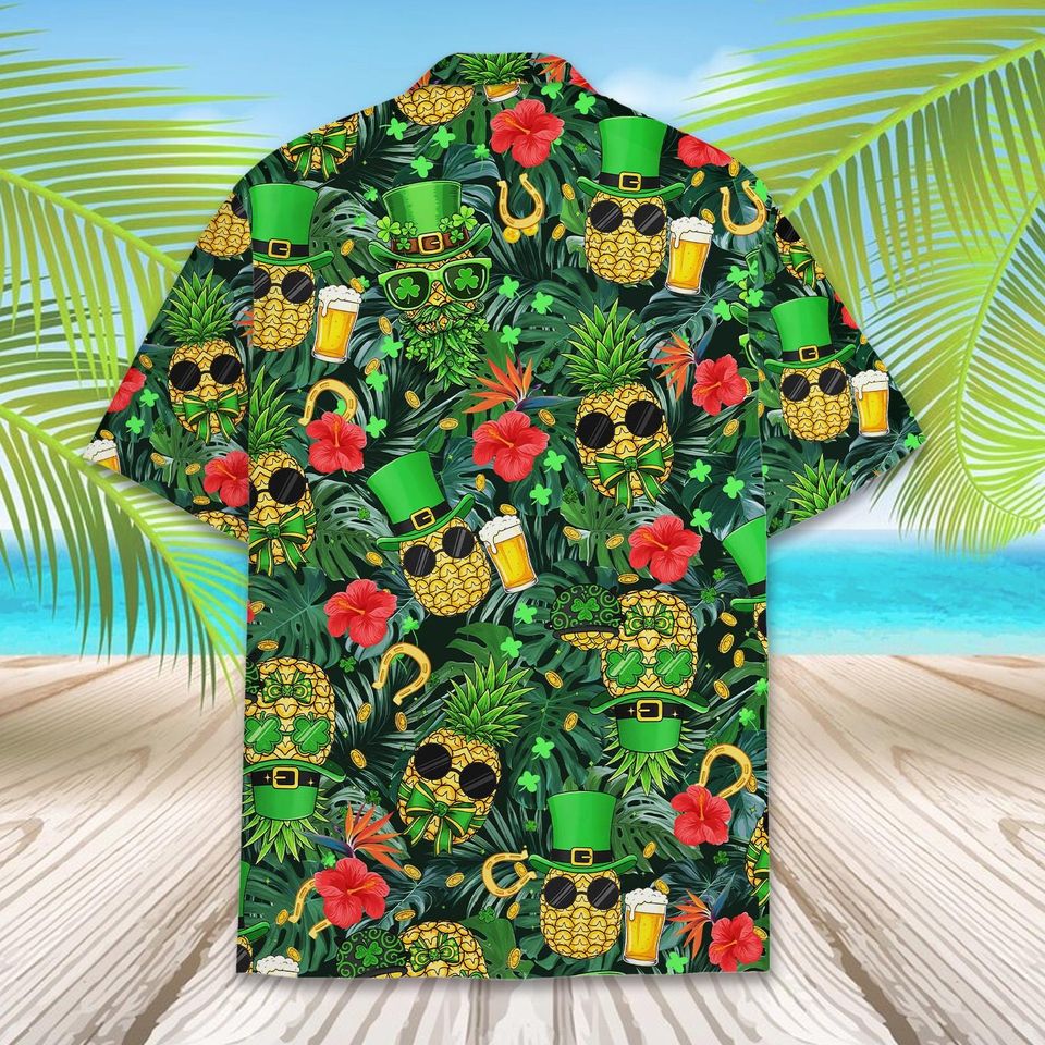Funny Pineapple Hawaiian Shirt Unisex, St Patricks Day Shirt Button Up, Shamrock Beer Print Shirt, Green Lucky Shirt