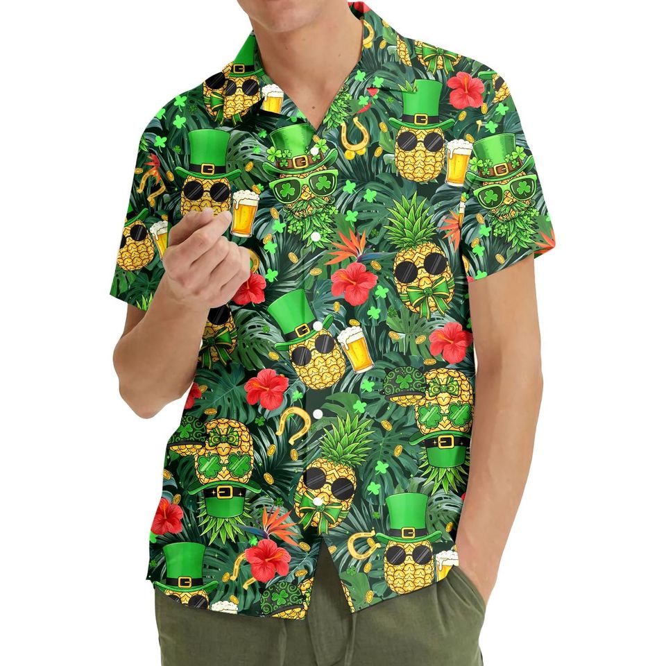 Funny Pineapple Hawaiian Shirt Unisex, St Patricks Day Shirt Button Up, Shamrock Beer Print Shirt, Green Lucky Shirt