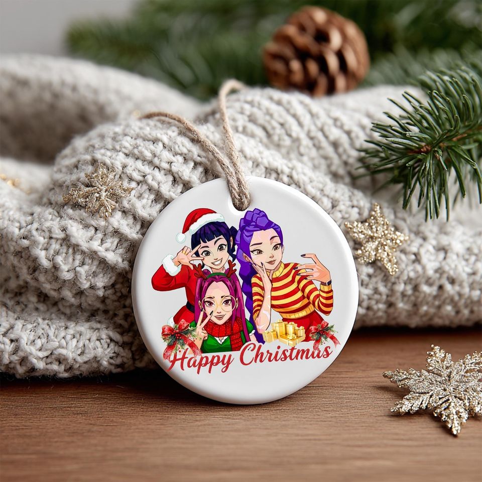 Happy Christmas Demon Hunter Ceramic Ornament, Huntrix Charm, Unique Holiday Gift, Printed One Side