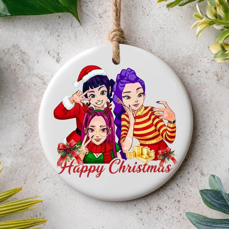 Happy Christmas Demon Hunter Ceramic Ornament, Huntrix Charm, Unique Holiday Gift, Printed One Side