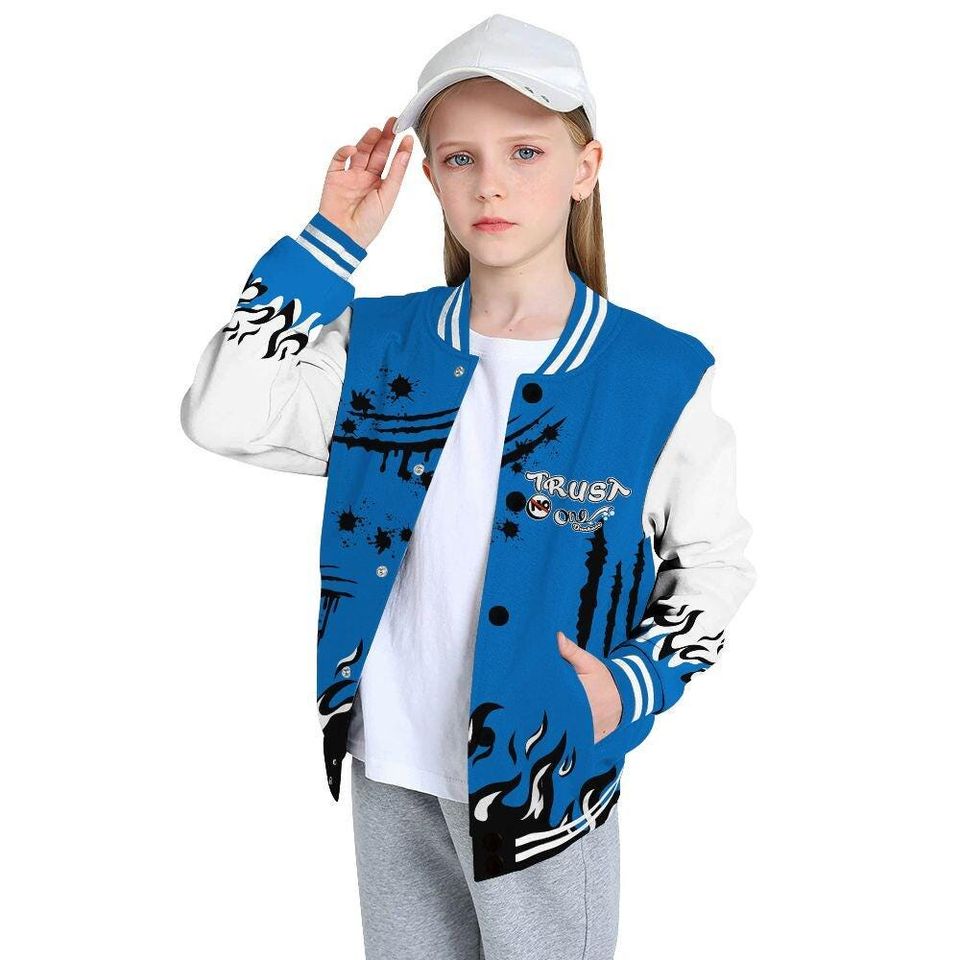 Dunkare Blueberry 12s Baseball Varsity Jacket, Graphic Trust No One All Over Print Letterman Jackets