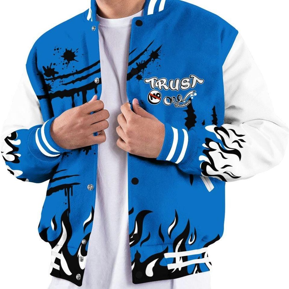 Dunkare Blueberry 12s Baseball Varsity Jacket, Graphic Trust No One All Over Print Letterman Jackets