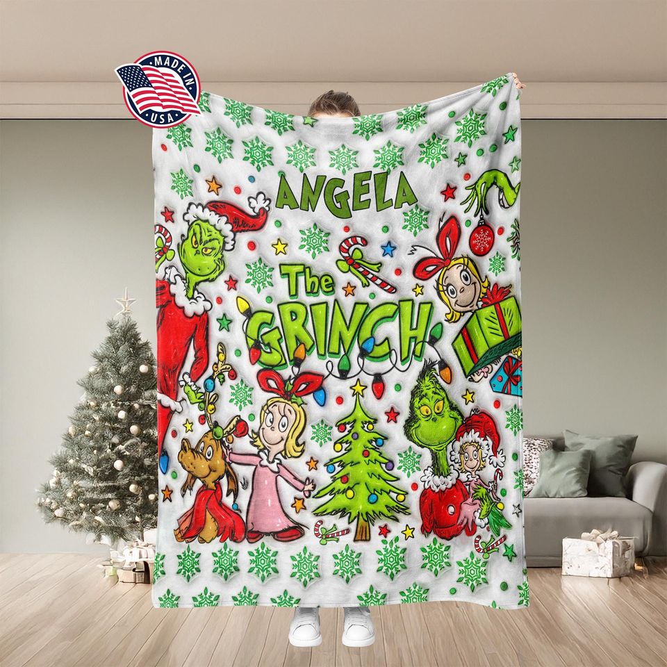 Personalized funny character Blanket | Custom Name Retro Grin Throw , Holiday Family Decor