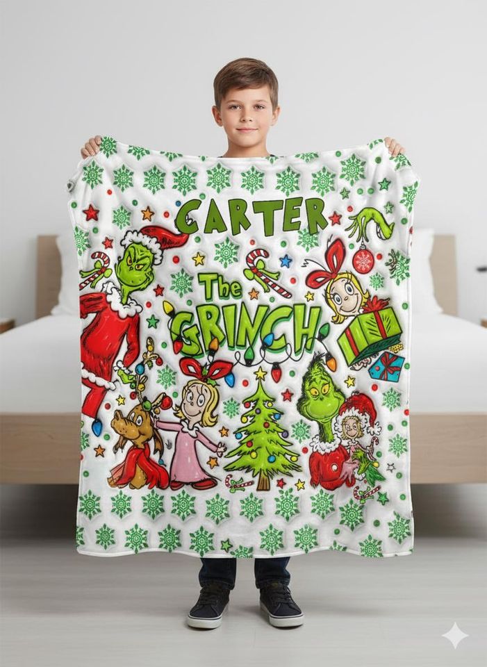 Personalized funny character Blanket | Custom Name Retro Grin Throw , Holiday Family Decor