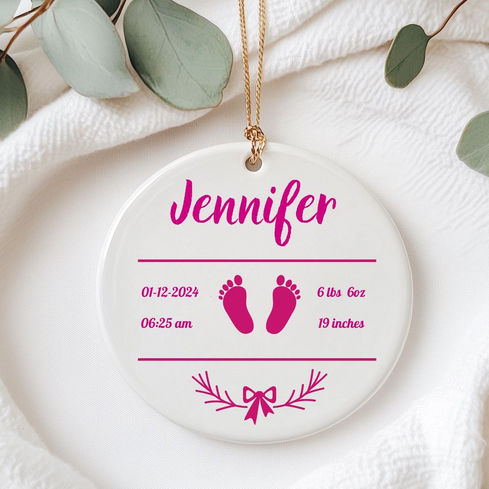 Personalized Baby Ornament, Birth Stats Keepsake, Pink Or Blue Newborn Gift