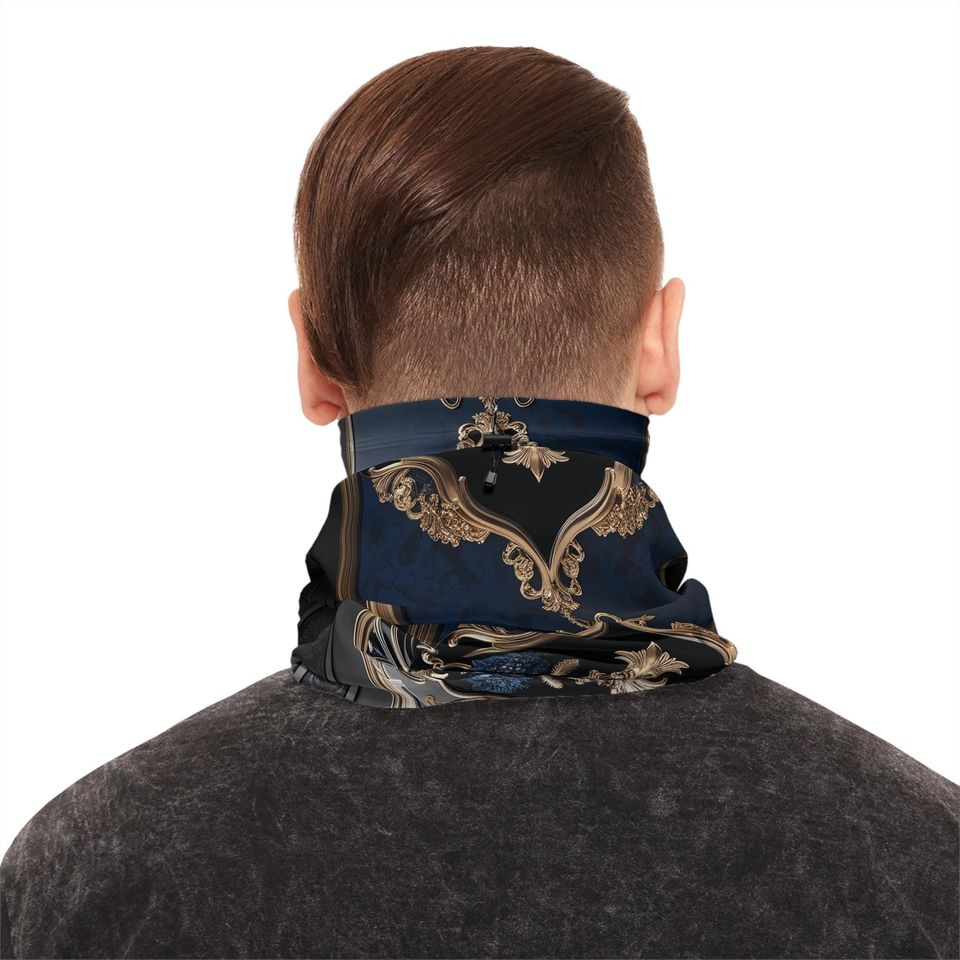 Luxury Fleece Neck Gaiter Black Blue and Gold Winter Warmer
