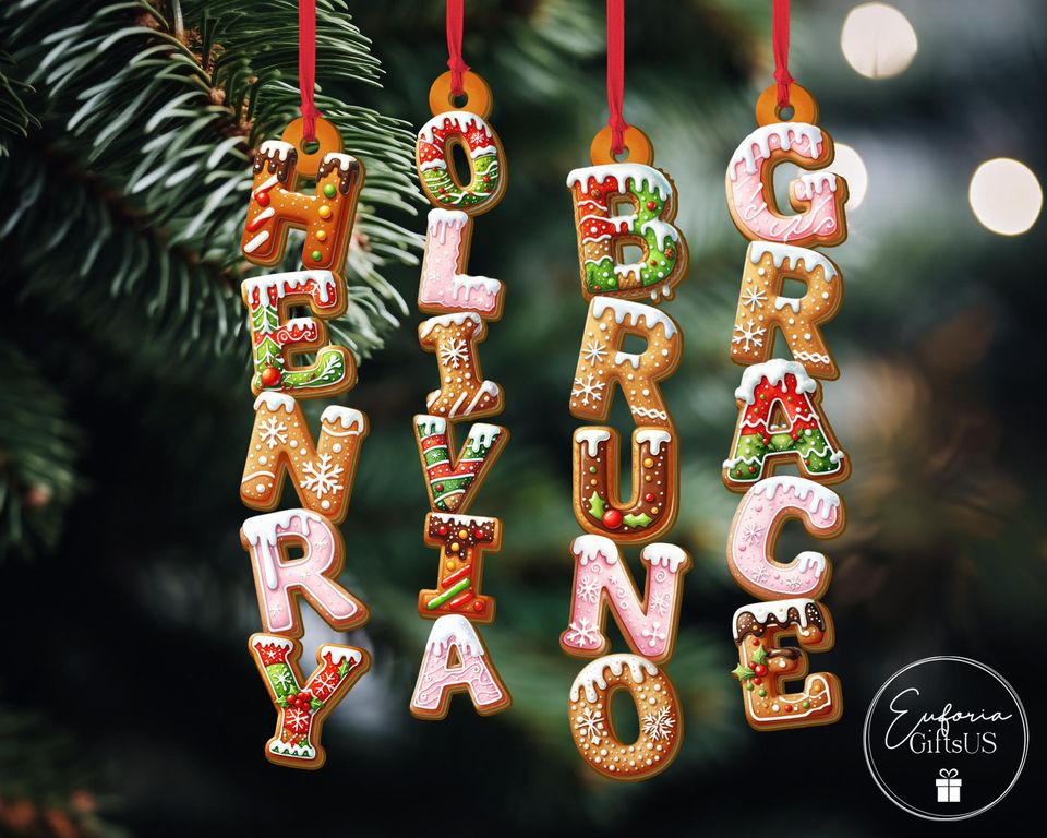 Personalized Gingerbread Alphabet Ornament 2025, Custom Kids Name Ornament, Christmas Tag for Stockings, Family Keepsake, Initial Ornament