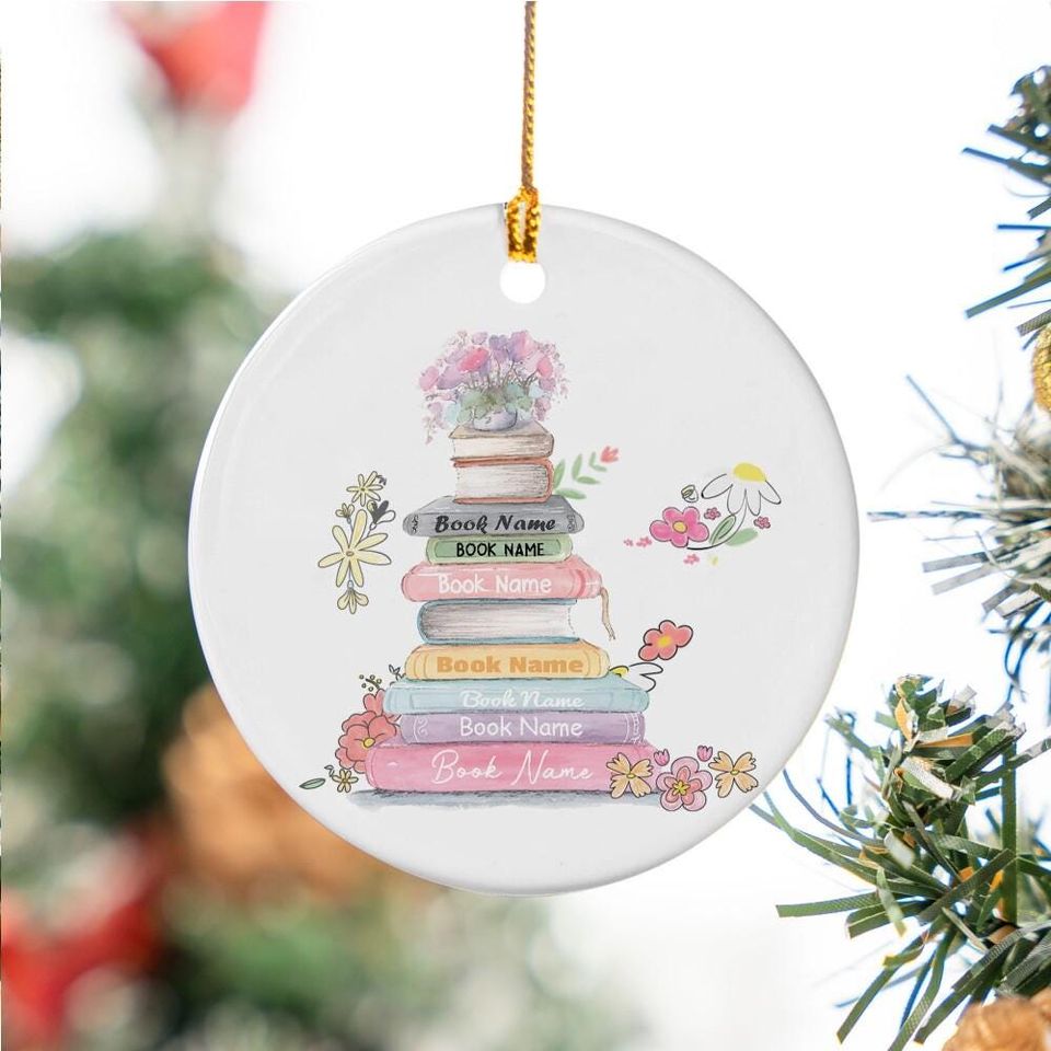 Personalize Book And Flower Lover Ceramic Ornament, Custom Reading Gift For Book Lover