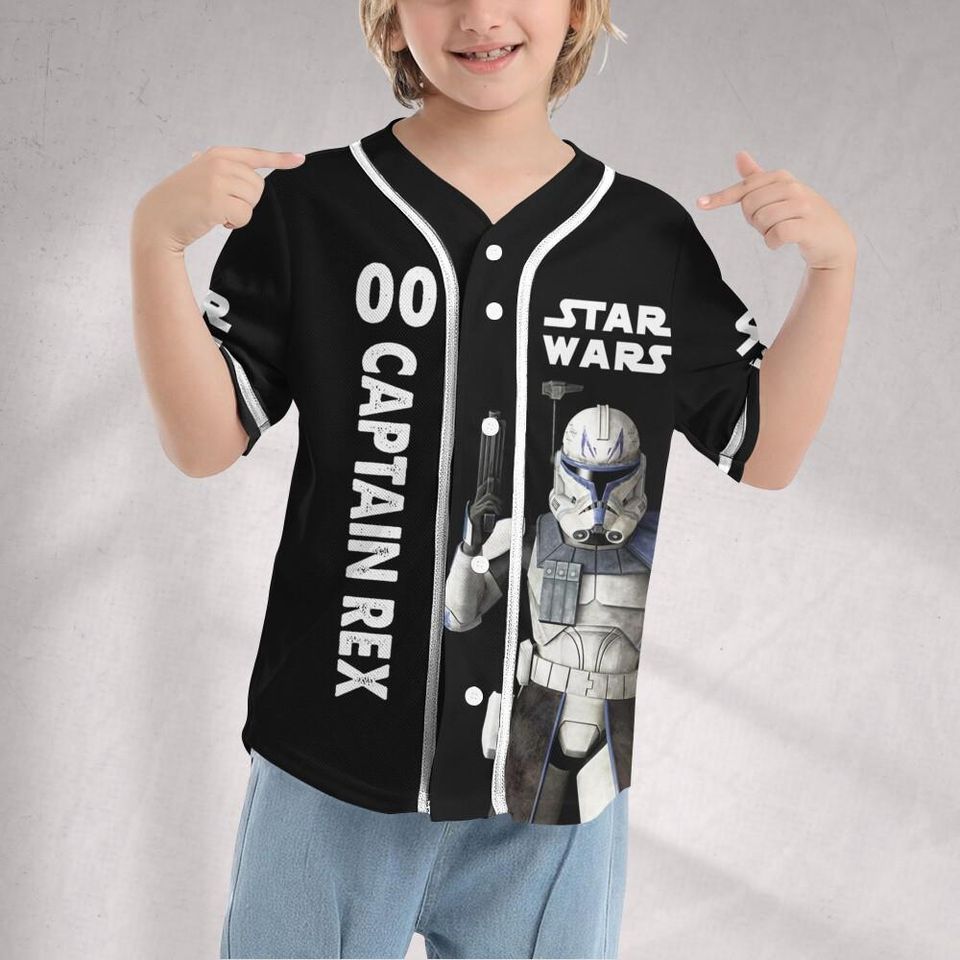Personalize Starwar Captain Rex Black Jersey Baseball, Custom Family Matching Shirts for Universe Gift for Star Wars Fans
