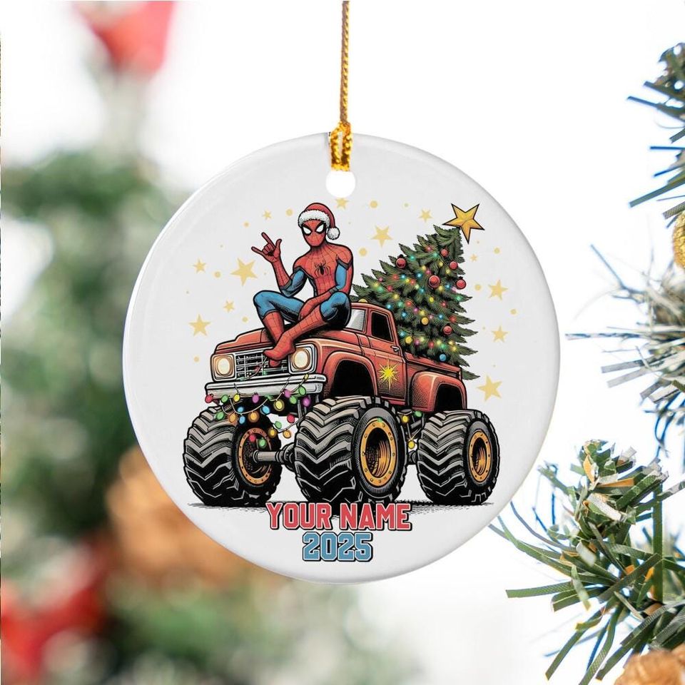 Personalized Marvel Christmas Spider-man Monster Truck Ceramic Ornament
