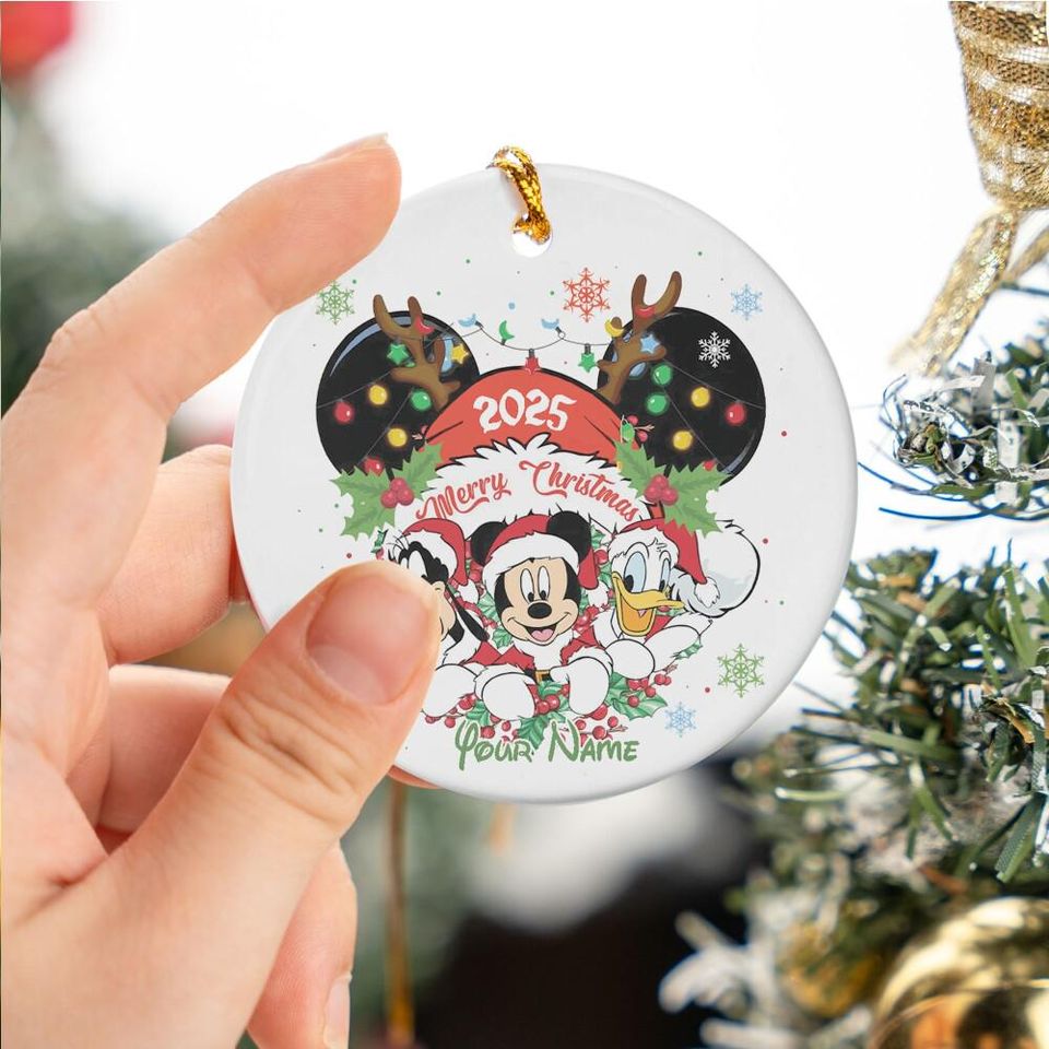 Custom Disney Merry Christmas Mickey Mouse Friends Ceramic Ornament, Personalized Ornament