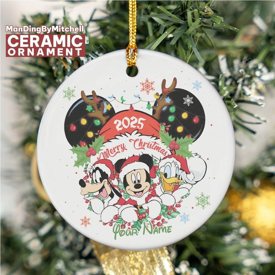 Custom Disney Merry Christmas Mickey Mouse Friends Ceramic Ornament, Personalized Ornament