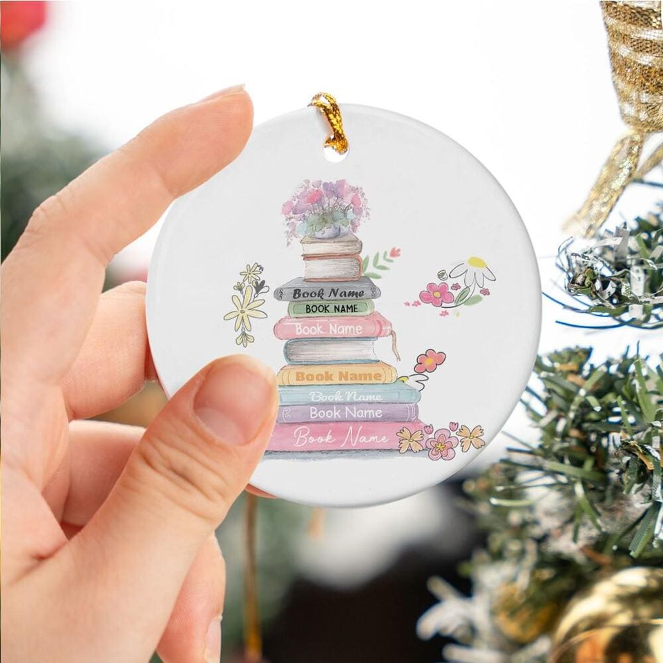 Personalize Book And Flower Lover Ceramic Ornament, Custom Reading Gift For Book Lover
