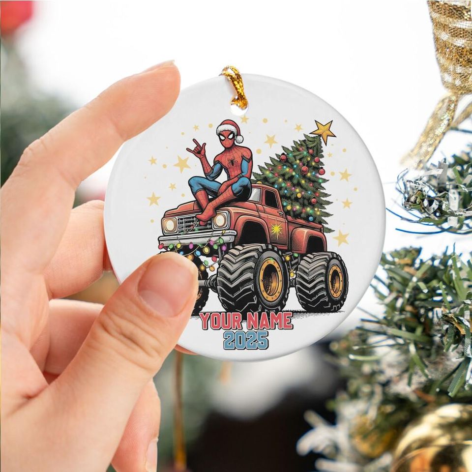 Personalized Marvel Christmas Spider-man Monster Truck Ceramic Ornament