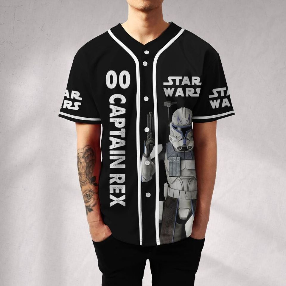 Personalize Starwar Captain Rex Black Jersey Baseball, Custom Family Matching Shirts for Universe Gift for Star Wars Fans