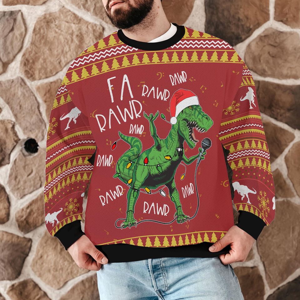 Funny Dinosaur Ugly Christmas Sweater for Men Women, Singing T-Rex Fa Rawr Rawr Sweatshirt with Santa Hat and Lights, Holiday Party Outfit