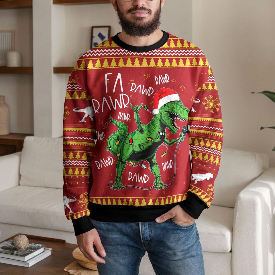 Funny Dinosaur Ugly Christmas Sweater for Men Women, Singing T-Rex Fa Rawr Rawr Sweatshirt with Santa Hat and Lights, Holiday Party Outfit