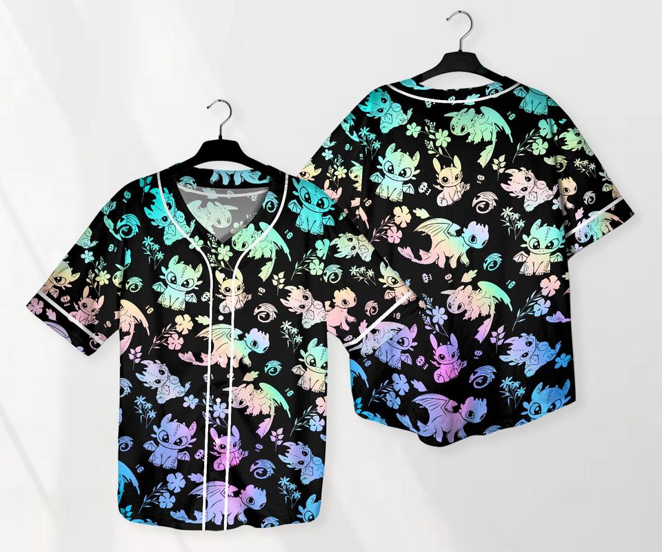 Toothless Baseball Jersey Shirt, Cute Dragon Button Up Shirt