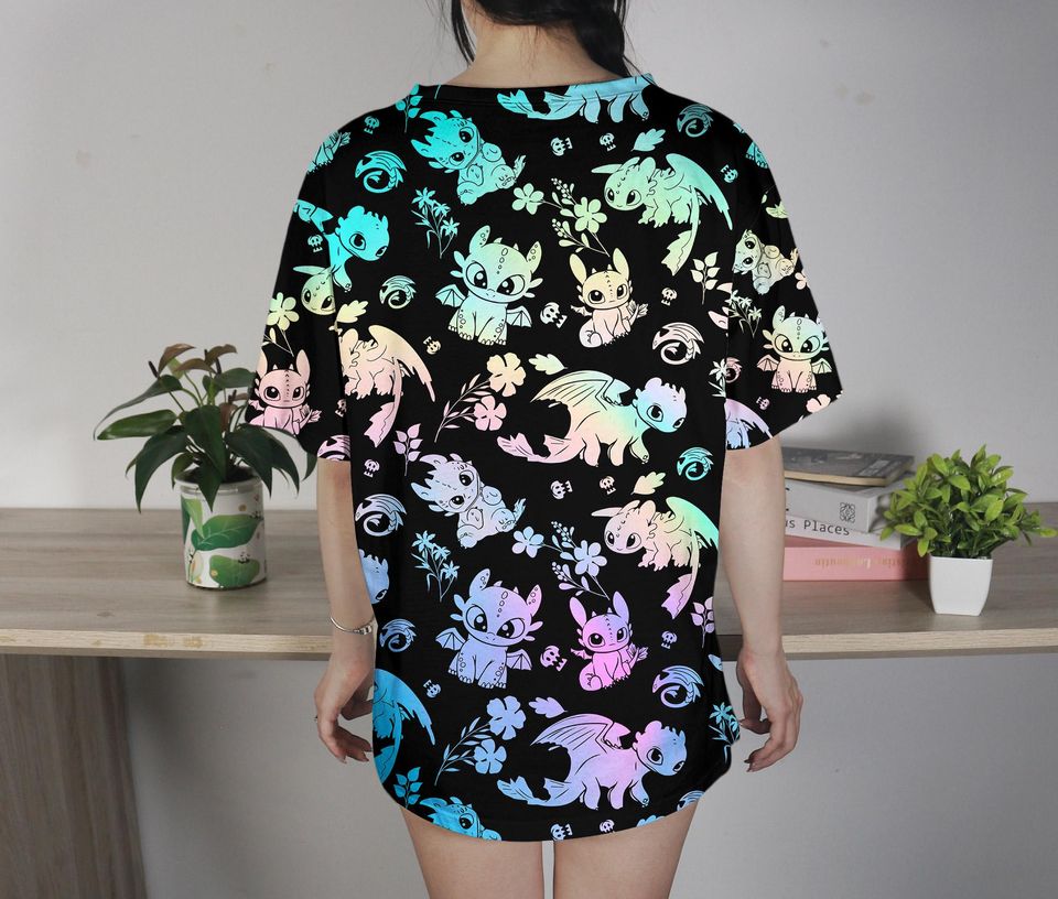 Colorful Toothless Dragon T-Shirt, Cute Cartoon Dragon Tee
