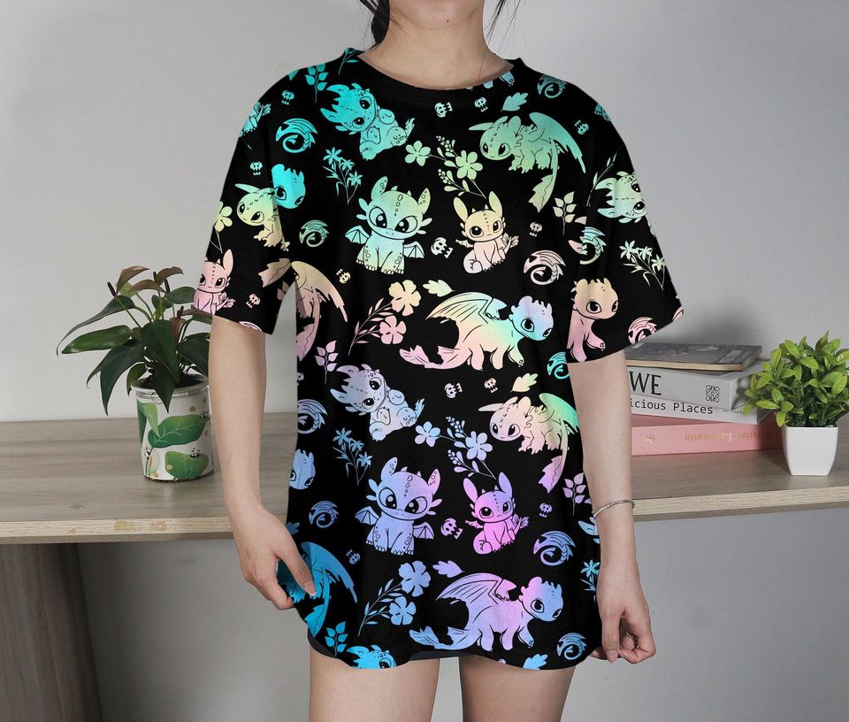 Colorful Toothless Dragon T-Shirt, Cute Cartoon Dragon Tee