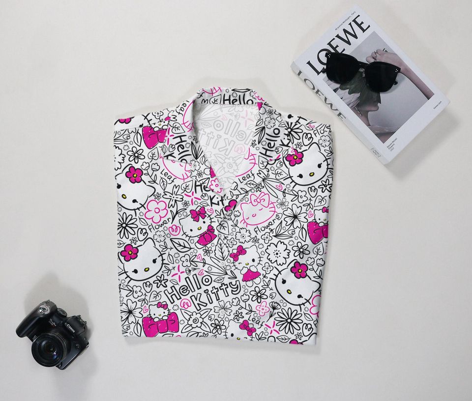 Hello Kitty Hawaiian Shirt Tropical Button Up Shirt Summer Aloha Hawaii Set