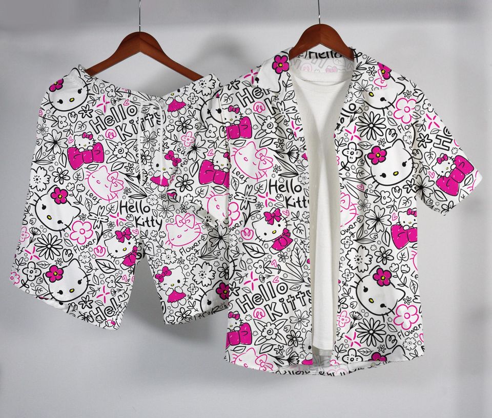 Hello Kitty Hawaiian Shirt Tropical Button Up Shirt Summer Aloha Hawaii Set