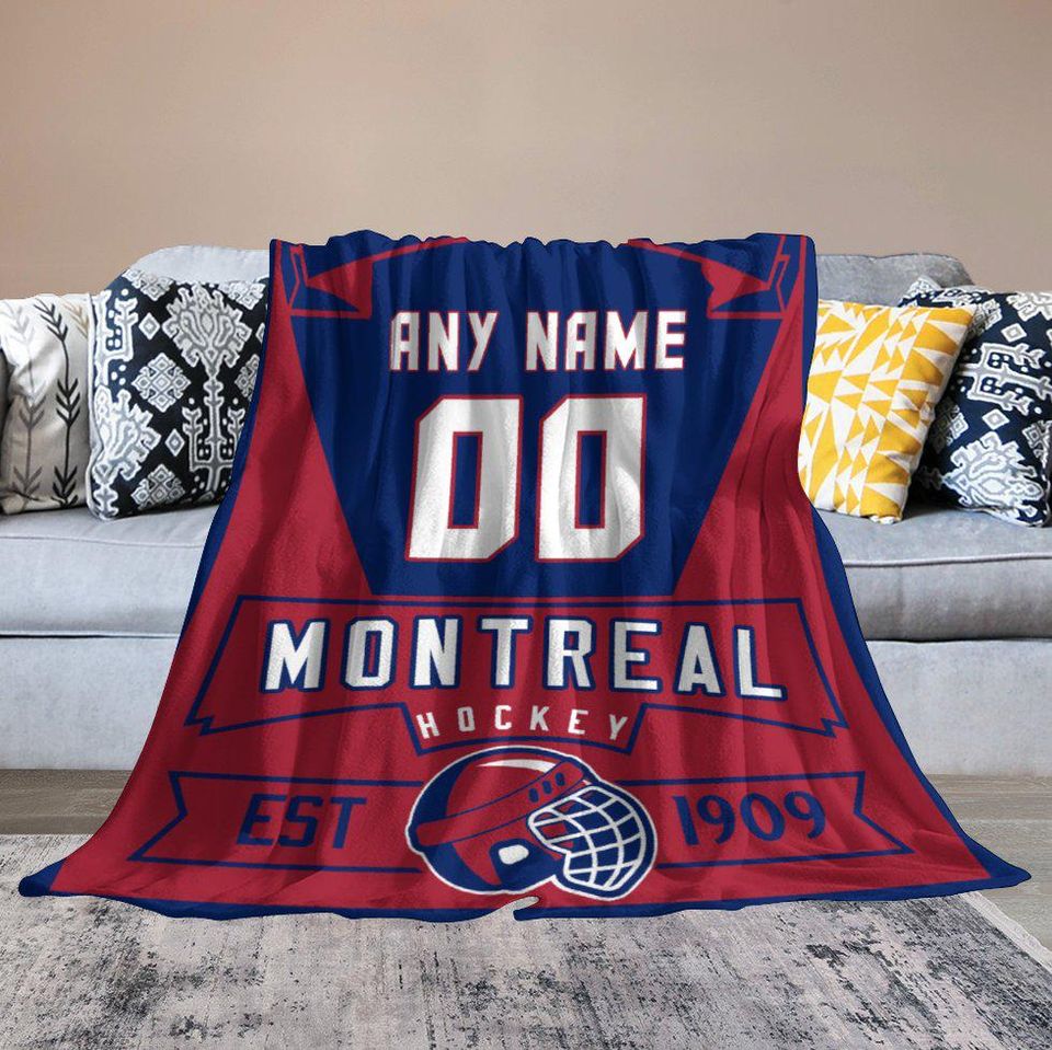 Montreal Custom Ice Hockey Blanket with Name & Number - Personalized Throw Blanket - Hockey Gifts for Kids, Adults, Players, Coaches