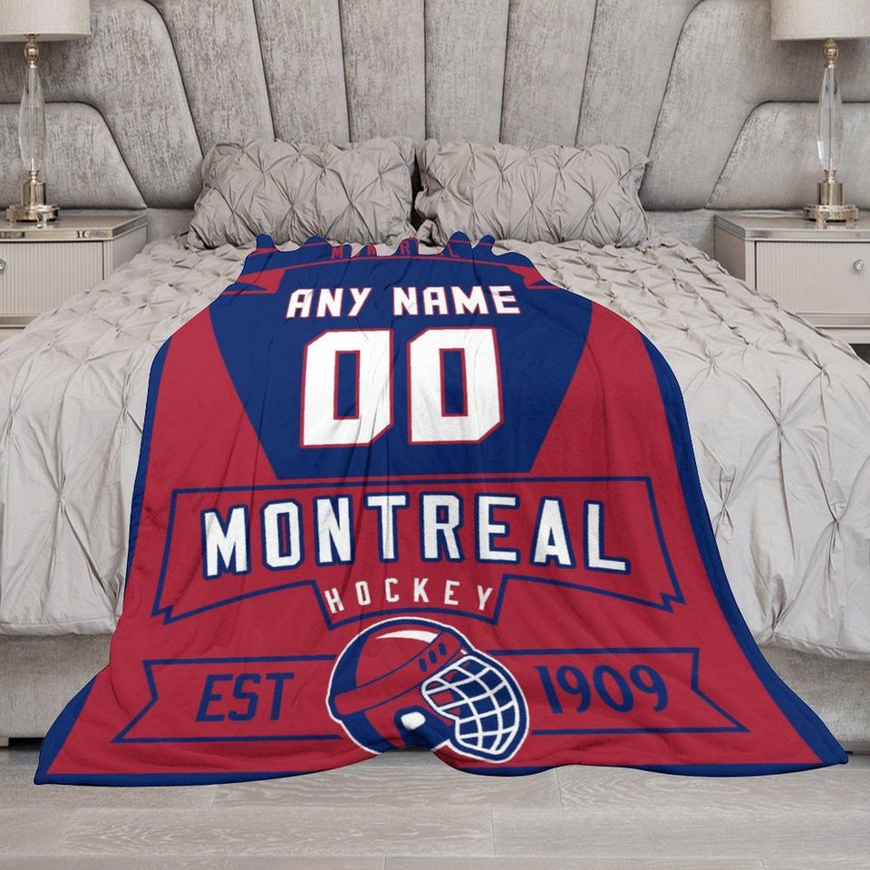 Montreal Custom Ice Hockey Blanket with Name & Number - Personalized Throw Blanket - Hockey Gifts for Kids, Adults, Players, Coaches