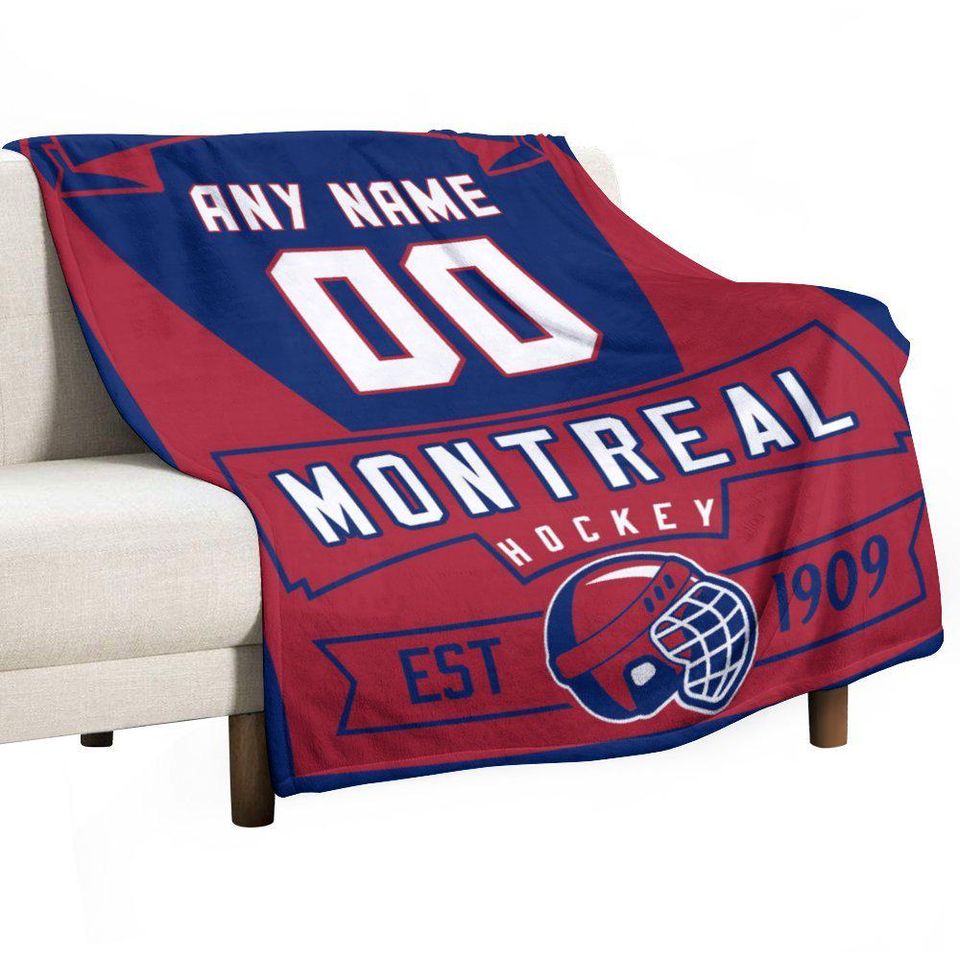 Montreal Custom Ice Hockey Blanket with Name & Number - Personalized Throw Blanket - Hockey Gifts for Kids, Adults, Players, Coaches