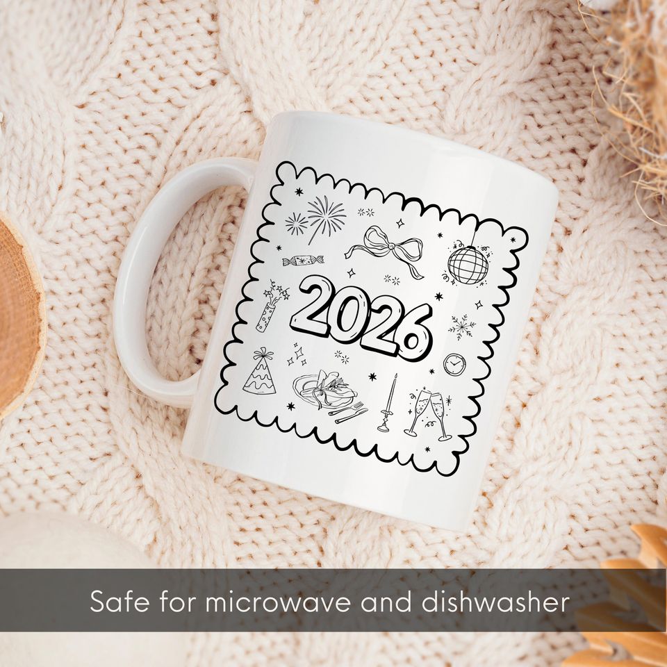 2026 Collage Mug with Hand-Drawn Festive Elements | New Years Cup for Her