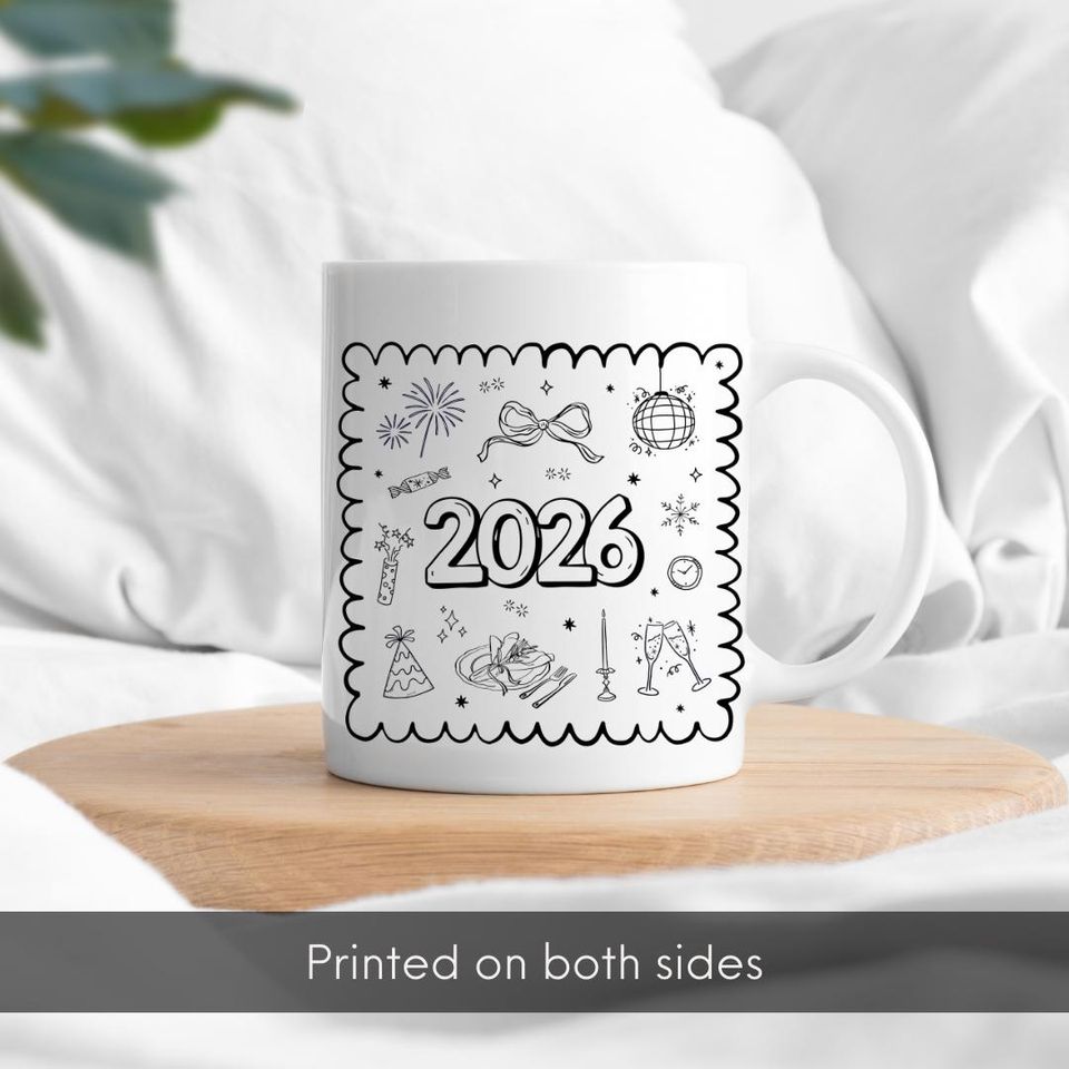 2026 Collage Mug with Hand-Drawn Festive Elements | New Years Cup for Her