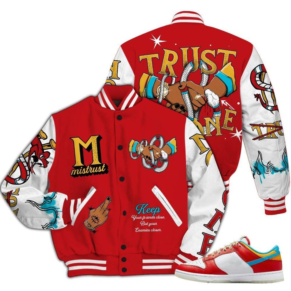 Dunk Low Fruity Pebbles Varsity Jacket, Trust No One Snake-Bite Street Style Baseball Jackets
